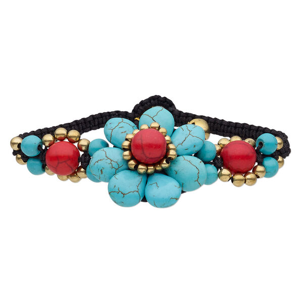 Bracelet, magnesite (dyed / stabilized) / waxed cotton cord / brass / brass-plated steel, black / blue / red, 33mm wide with flower and bells, adjustable at 6 and 7 inches with button clasp. Sold individually. image number 0