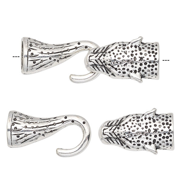 Clasp, hook, antique silver-finished "pewter" (zinc-based alloy), 41.5x14mm with 22x14mm cheetah head and 24.5x13mm tail with glue-in ends, 8.5mm inside diameter. Sold individually. image number 0