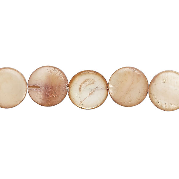 Mother-of-pearl shell 1pkg1, puffed flat round bead 15 inch light brown 9-11mm image number 0