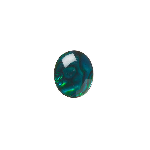 Cabochon, paua shell (coated / dyed), green, 12x10mm calibrated oval, Mohs hardness 3-1/2. Sold per pkg of 6. image number 0