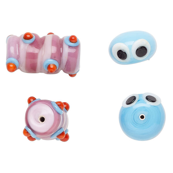 Bead, lampworked glass 2pkg2, multicolored, 17x12mm/27x18mm caterpillar head and body. image number 0