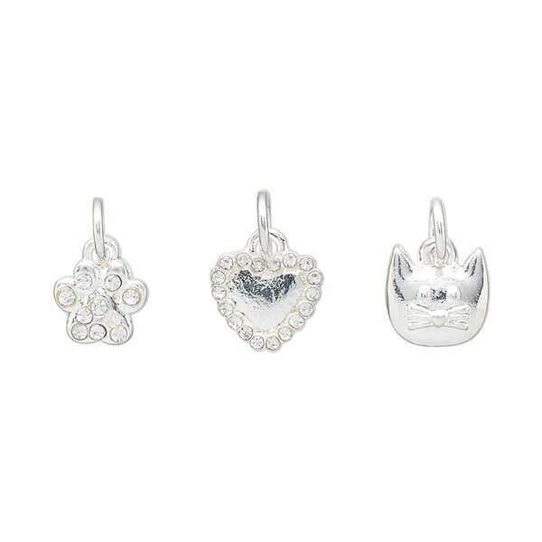Charm assortment, silver-finished "pewter" (zinc-based alloy) and glass rhinestone, clear, 9x8mm heart / 8x8mm cat face / 8x7mm paw print. Sold per 3-piece set. image number 0