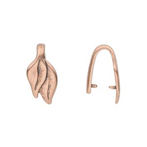 Bail, JBB Findings, ice-pick, antique copper-plated pewter (tin-based alloy), 18x9mm single-sided double leaf with 11mm grip length. Sold per pkg of 2.