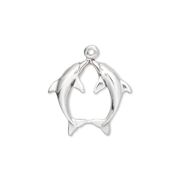 Charm, sterling silver, 20x18mm single-sided kissing dolphins. Sold individually. image number 0