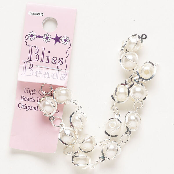 Chain, acrylic "pearl" and silver-finished steel, white, 10mm wire-wrapped round. Sold per pkg of 10 inches. image number 0