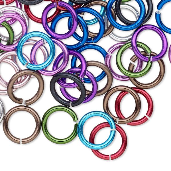 Jump ring mix, anodized aluminum, mixed colors, 10mm round, 6.8mm inside diameter, 14 gauge. Sold per pkg of 100. image number 0