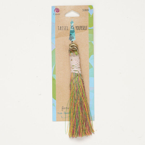 Tassel 1pkg1, gold-finished brass and steel / nylon / glass, mixed colors, 4 inches with hinged bail. image number 0