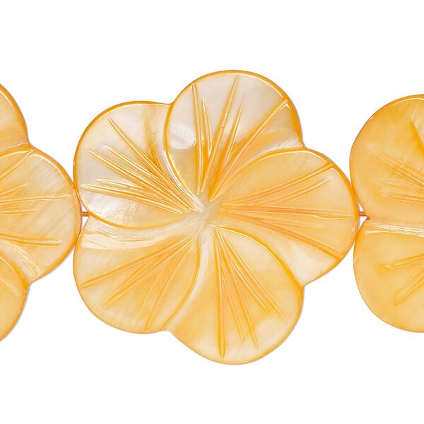 Bead, mother-of-pearl shell (dyed), bright orange, 29x28mm-31x30mm carved flat flower, 0.6-0.8mm hole, Mohs hardness 3-1/2. Sold per 15-1/2" to 16" strand. image number 0