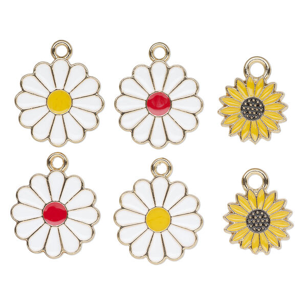 Charm, gold-finished "pewter" (zinc-based alloy) and enamel, 2 of each: 14mm sunflower, 17mm white and yellow daisy, 17mm white and dark orange daisy. Sold per pkg of 6. image number 0