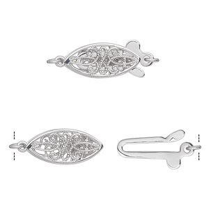 Clasp fishhook 1pkg1 14Kt white gold / diamond (natural), 17x7mm oval / faceted round, 1-strand