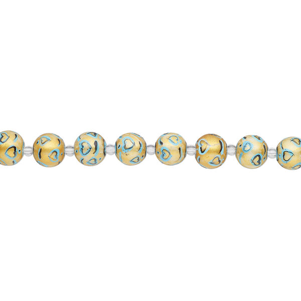 Bead, glass 1pkg8, opaque gold / blue / black, 14mm hand-painted round. image number 1