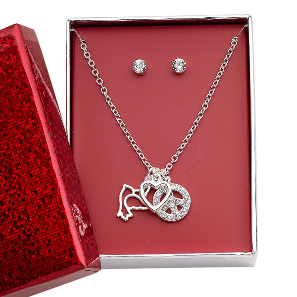 Necklace and earring set, glass rhinestone / silver-finished brass / steel / "pewter" (zinc-based alloy), clear, open heart / open dove / peace sign, 15" to 16" necklace with 3-inch extender chain and lobster claw clasp, 5mm round with post. Sold per set. image number 0