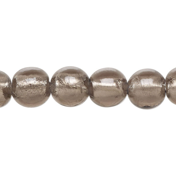 Bead, glass, opaque grey, 10mm round with silver-colored foil. Sold per 8-inch strand, approximately 20 beads. image number 0