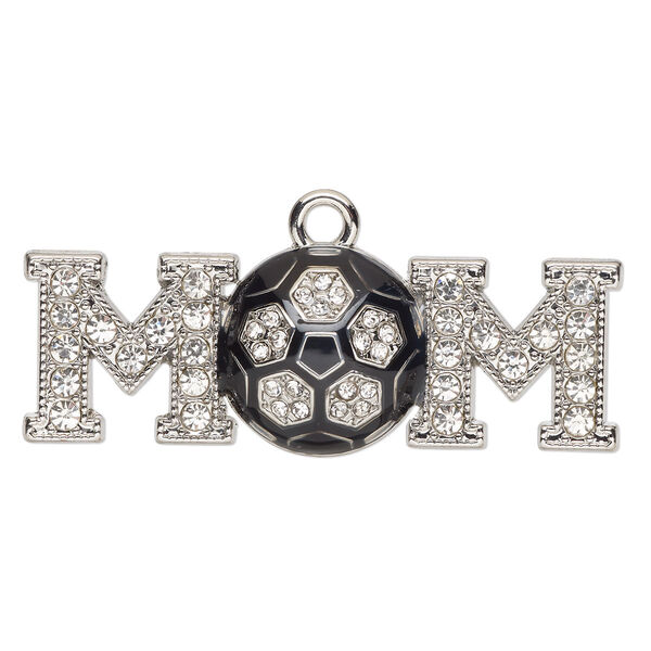 Focal, glass / enamel / silver-finished "pewter" (zinc-based alloy), clear and black, 48x17mm single-sided "MOM" with soccer ball. Sold individually. image number 0