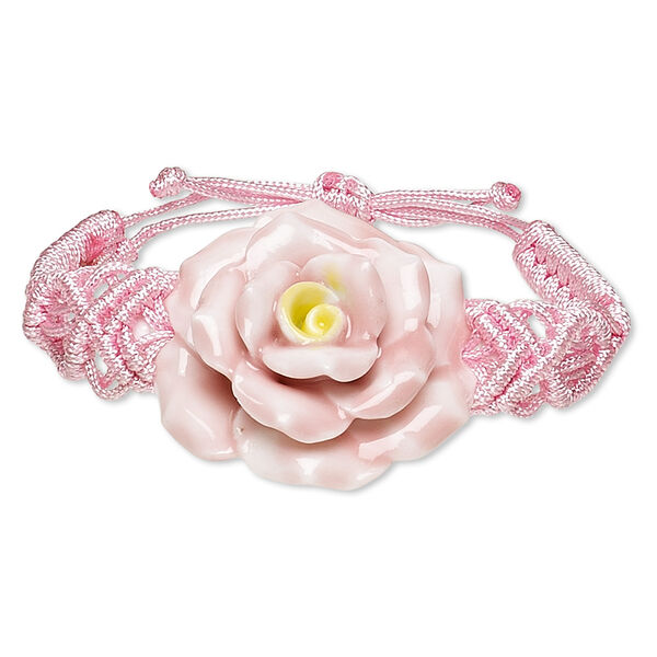 Bracelet, nylon and porcelain, pink and yellow, 39x34mm-51x46mm flower, adjustable from 6-1/2 to 8-1/2 inches with macramé knot closure. Sold individually. image number 0