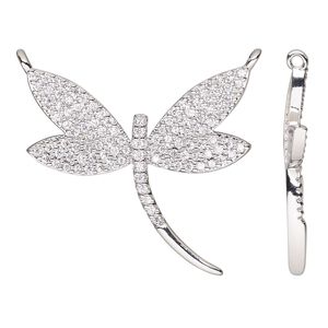 Connector, cubic zirconia and silver-finished brass, clear, 25x23.5mm single-sided dragonfly. Sold individually.