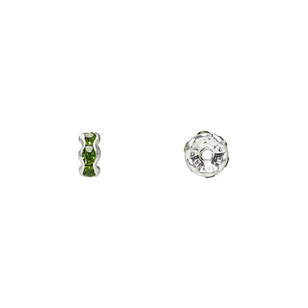 Bead, glass rhinestone and silver-plated brass, peridot green, 5x2mm rondelle. Sold per pkg of 10. image number 0