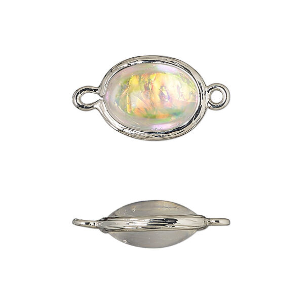Link, Opalized Ice™, "opal" (resin) and imitation rhodium-finished brass, opaque white, 16x12mm double-sided oval .Sold per pkg of 4. image number 0