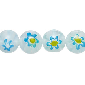 Bead, millefiori glass 1pkg1, translucent light blue / white / yellow, 11-13mm round, 15 inches.