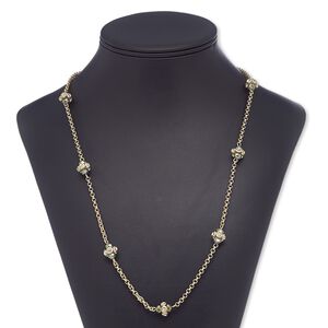 Necklace, glass rhinestone / glass / gold-finished steel, grey luster and clear, round, 32 inches with 2-inch extender chain and lobster claw clasp. Sold individually.