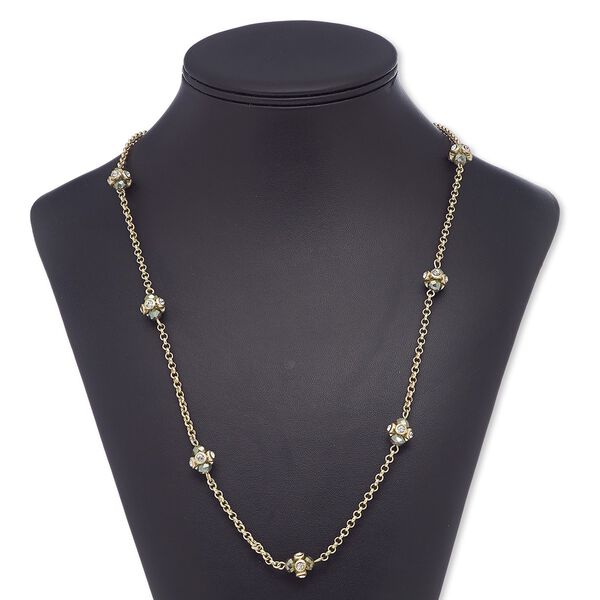 Necklace, glass rhinestone / glass / gold-finished steel, grey luster and clear, round, 32 inches with 2-inch extender chain and lobster claw clasp. Sold individually. image number 0