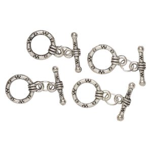 Clasp toggle 1pkg4 "pewter" (zinc alloy), 15mm round, antique silver-finished steel 1-strand