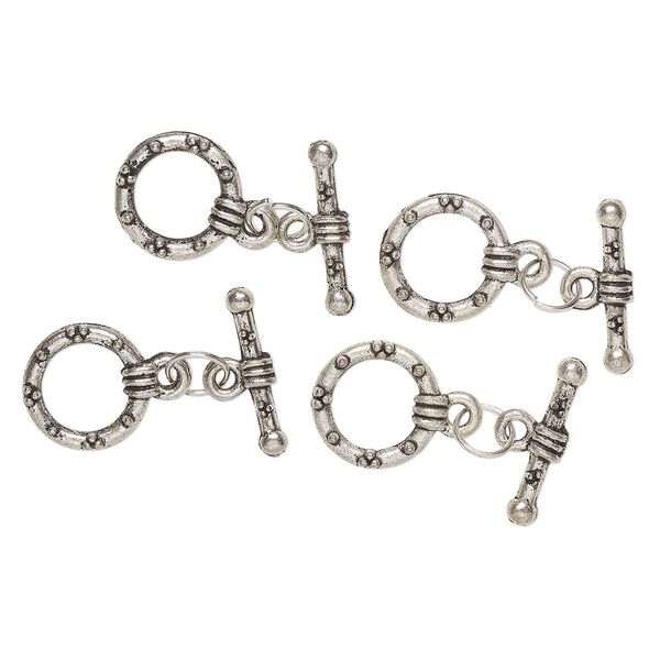Clasp toggle 1pkg4 "pewter" (zinc alloy), 15mm round, antique silver-finished steel 1-strand image number 0