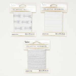 Cord, elastic 1pkg3, white / black / silver, 16mm flat, 36-inch sections.