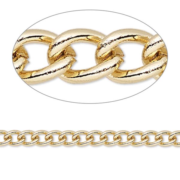 Chain, gold-finished steel, 4mm curb. Sold per pkg of 5 feet. image number 0