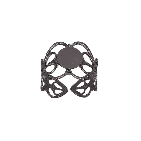 Ring, gunmetal-plated brass, 14mm wide with double heart and 8mm round flat pad setting, adjustable from size 7-9. Sold per pkg of 8. image number 0