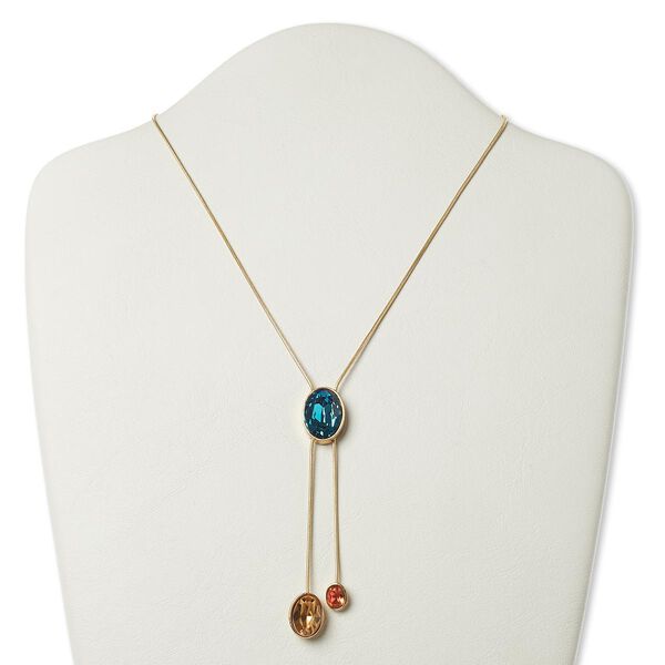 Necklace, glass and gold-finished "pewter" (zinc-based alloy), blue / dark pink / champagne, 3-1/2 inch dangle with 10x8mm-20x15mm faceted oval, 15" to 16" lariat with 3-inch extender chain and lobster claw clasp. Sold individually. image number 0
