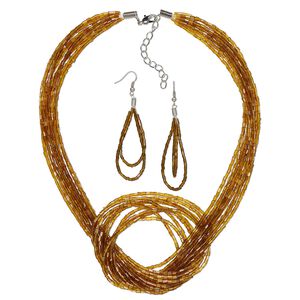 Necklace and earring set, Everyday Jewelry,  imitation rhodium-plated-steel and glass, dark gold, 16-inches with 2-inch extender chain, 3-inch earrings with fishhook ear wires, 19 gauge. Sold per set.