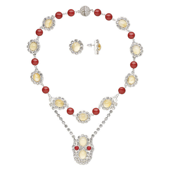 Necklace and earring set, One of a Kind Jewelry, multi-gemstone (dyed / heated) / crystal / glass rhinestone / silver-plated brass, red and clear, 2-1/2 inch dangle, 18 inches with magnetic clasp and 21x18mm with post. Only one available. image number 0