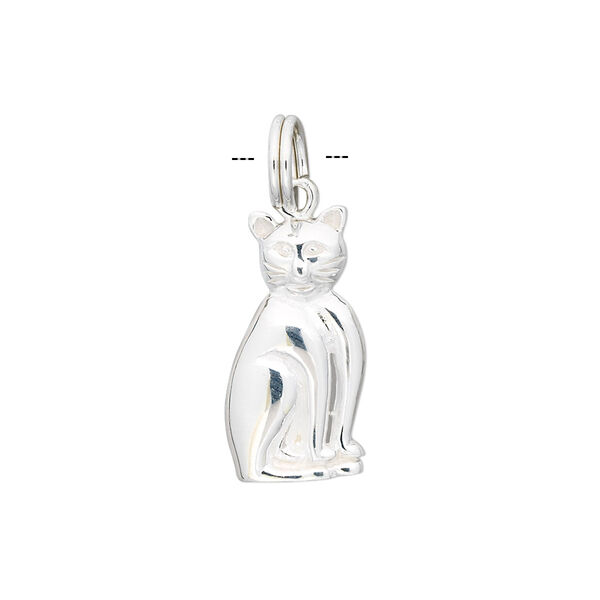 Charm, sterling silver, 19x9.5mm single-sided sitting cat. Sold individually. image number 0