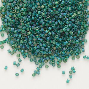 Seed bead, Delica®, glass, pkg/7.5g, #11 round, translucent matte rainbow dark green (DB-0859).