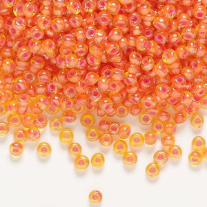 Seed bead, Preciosa Ornela, glass, translucent pink-lined luster yellow amber, #8 rocaille. Sold per 500-gram pkg.