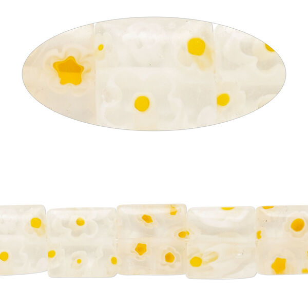 Bead, millefiori glass, translucent clear / white / orange, 9mm-11x10mm puffed square with flower design. Sold per 14-inch strand. image number 0