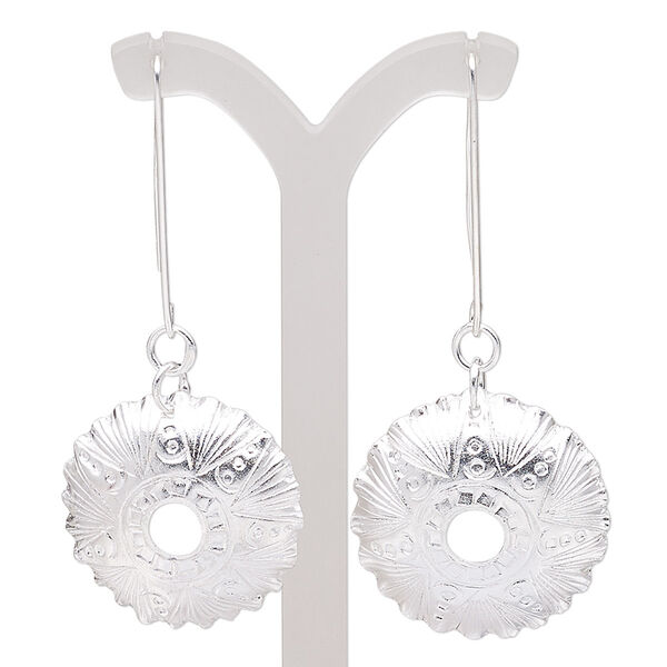 Earring, Hill Tribes, silver-plated copper, 2-3/4 inches with domed round and fancy design with ear wire. Sold per pair. image number 0