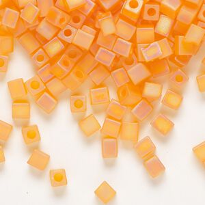 Seed bead, Miyuki, glass, pkg/25g, 3.5-3.7mm square, translucent frosted rainbow orange (SB-138FR).