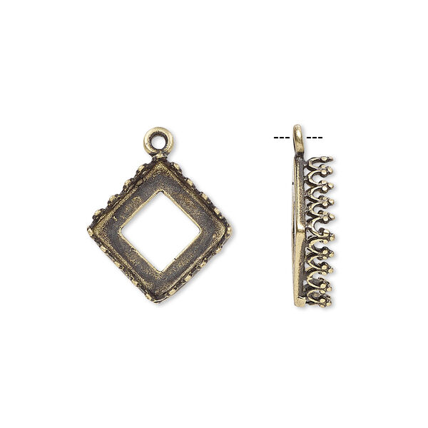 Drop, JBB Findings, antiqued brass, 12mm square with open back and decorative trim with 10mm square bezel setting. Sold individually. image number 0