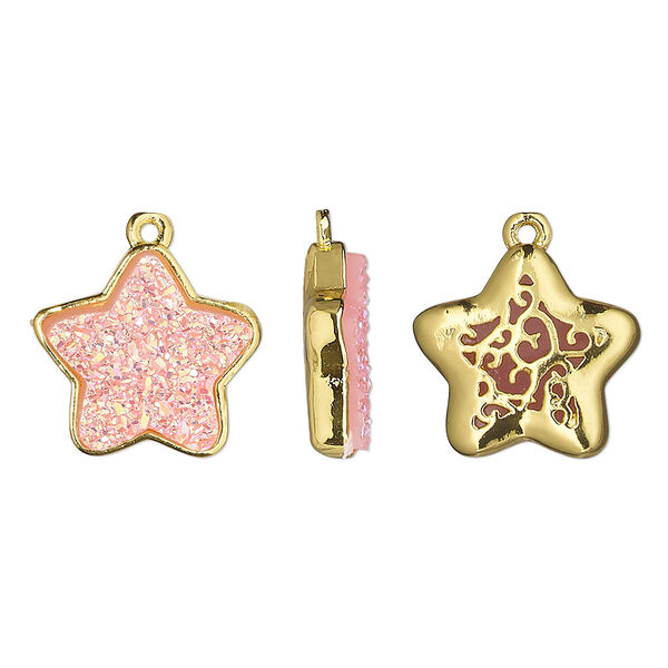 Drop, Druzylite™, "druzy" (resin) and gold-finished brass, pink, 15x14mm two-sided star with open filigree back. Sold per pkg of 4. image number 0
