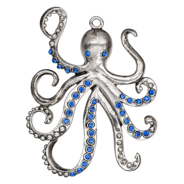 Focal, Charmed, glass rhinestone and antique imitation rhodium-finished "pewter" (zinc-based alloy), blue, 68x53mm single-sided octopus. Sold individually. image number 0