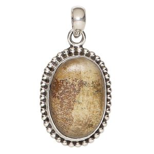 Pendant, picture jasper (natural) and sterling silver, 30x25mm beaded oval. Sold individually.