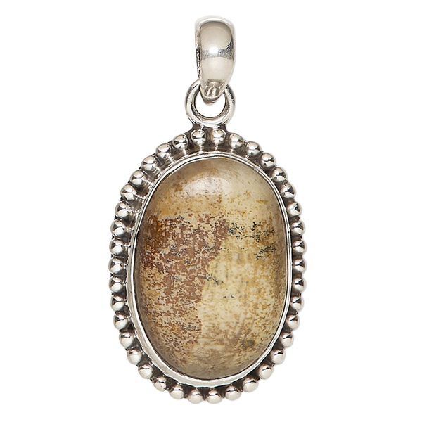 Pendant, picture jasper (natural) and sterling silver, 30x25mm beaded oval. Sold individually. image number 0