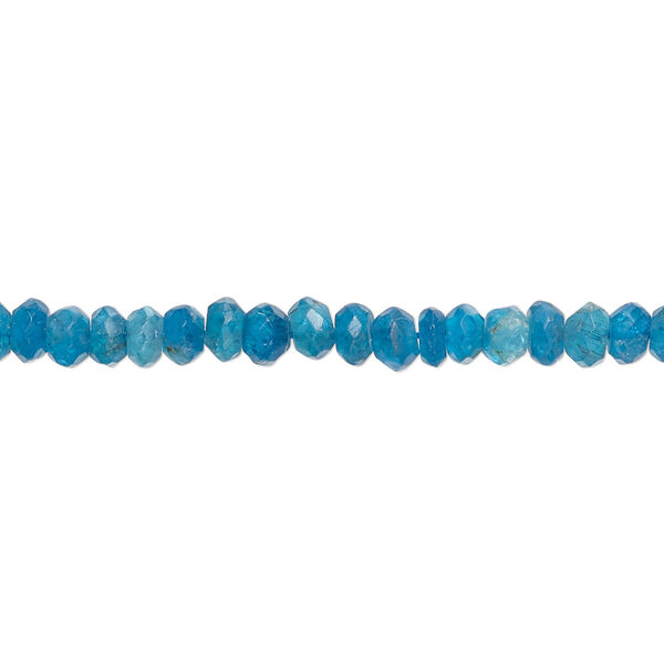 Bead, neon blue apatite (natural), 4x2mm-4x3mm hand-cut faceted rondelle with 0.4-1.4mm hole, B grade, Mohs hardness 5. Sold per 13-inch strand, approximately 120 beads. image number 0