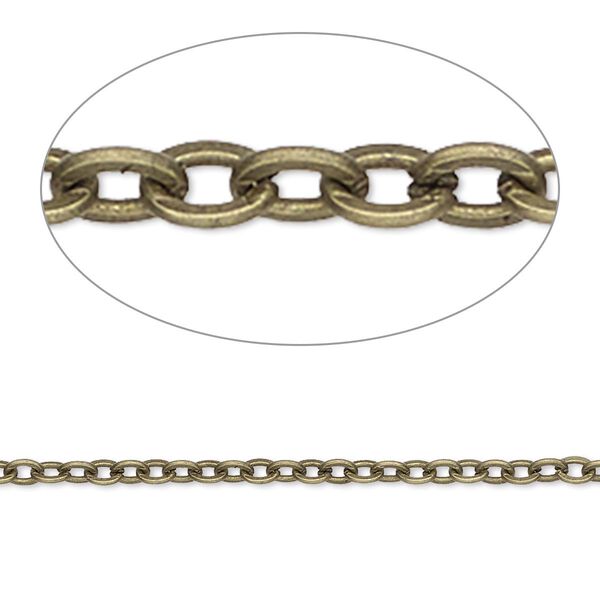 Chain, antique brass-plated steel, 2mm flat cable. Sold per pkg of 5 feet. image number 0
