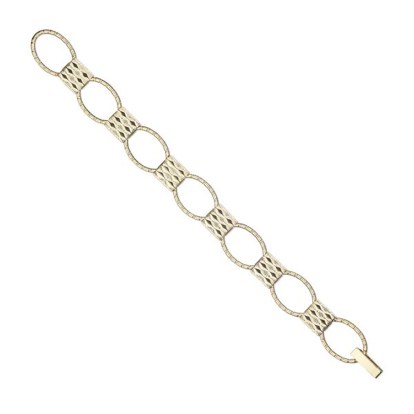 Bracelet component, gold-finished "pewter" (zinc-based alloy) and brass, (7) 20x14.5mm oval links with 11x10mm textured rectangle glue-on setting, 7 inches with fold-over clasp. Sold individually. image number 0