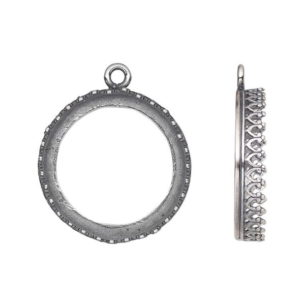 Drop, JBB Findings, antique silver-plated brass, 22mm round with decorative trim, 20mm round bezel setting. Sold per pkg of 2. image number 0
