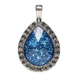 Pendant, antique silver finished "pewter" (zinc-based alloy) / glass / acrylic, blue glitter and grey, 28x24mm teardrop. Sold individually.