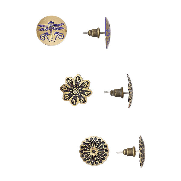 Earring mix, enamel with antique brass-plated brass and steel, mixed colors, 15mm round and flower with dragonfly and flower design with post. Sold per pkg of 3 pairs. image number 0
